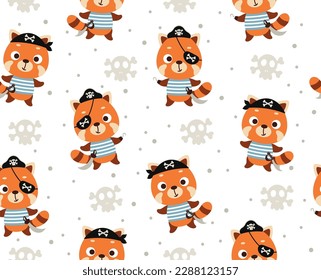 Pequeño y lindo panda rojo pirata sin costura patrón infantil. Caricatura divertida de carácter animal para tela, envoltura, textil, papel pintado, vestimenta. Ilustración del vector