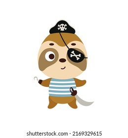 Cute little pirate sloth with hook and blindfold. Cartoon animal character for kids t-shirts, nursery decoration, baby shower, greeting card, invitation, house interior. Vector stock illustration