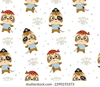 Cute little pirate sloth seamless childish pattern. Funny cartoon animal character for fabric, wrapping, textile, wallpaper, apparel. Vector illustration