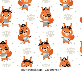 Cute little pirate squirrel seamless childish pattern. Funny cartoon animal character for fabric, wrapping, textile, wallpaper, apparel. Vector illustration