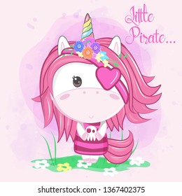 cute little pirate unicorn on pink background. Can be used for baby t-shirt print, fashion print design, kids wear, baby shower celebration greeting and invitation card. - Vector