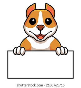 Cute little pitbull cartoon holding blank sign