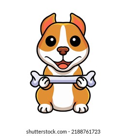 Cute little pitbull cartoon holding a bone