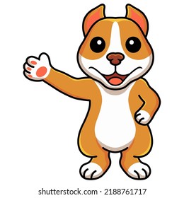 Cute little pitbull cartoon waving hand