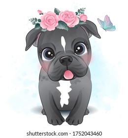 Cute little Pitbull with floral illustration