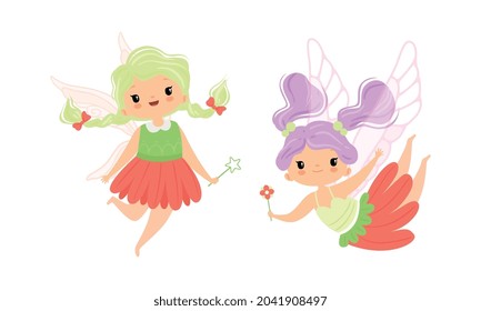 Cute Little Pixie Girl with Ethereal Wings Flying with Magic Wand Vector Set