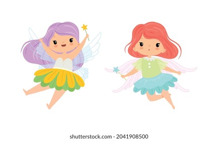 Cute Little Pixie Girl with Ethereal Wings Flying with Magic Wand Vector Set