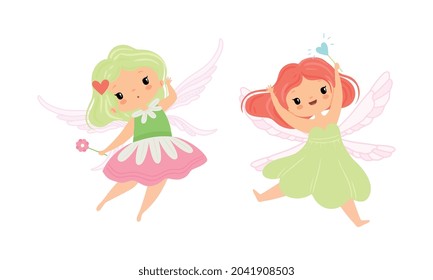 Cute Little Pixie Girl with Ethereal Wings Flying with Magic Wand Vector Set