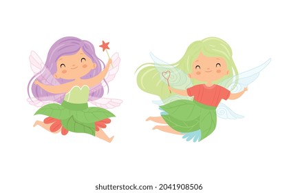 Cute Little Pixie Girl with Ethereal Wings Flying with Magic Wand Vector Set