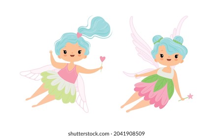 Cute Little Pixie Girl with Ethereal Wings Flying with Magic Wand Vector Set