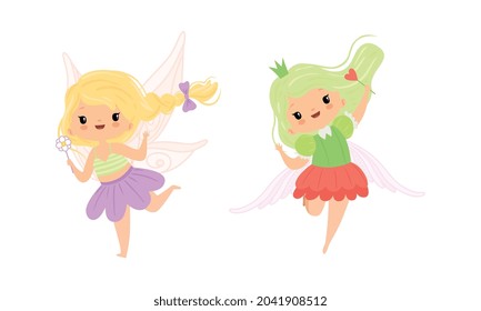 Cute Little Pixie Girl with Ethereal Wings Flying with Magic Wand Vector Set