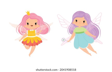 Cute Little Pixie Girl with Ethereal Wings Flying with Magic Wand Vector Set