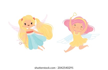 Cute Little Pixie Girl with Ethereal Wings Flying with Magic Wand Vector Set