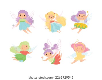 Cute Little Pixie Girl with Ethereal Wings Flying with Magic Wand Vector Set