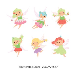 Cute Little Pixie Girl with Ethereal Wings Flying with Magic Wand Vector Set