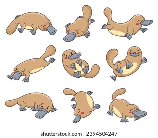 Cute little platypus. Cartoon funny animal characters. Hand drawn style. Vector drawing. Collection of design elements.