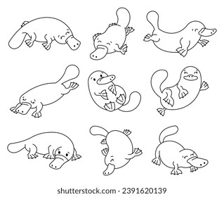 Cute little platypus. Coloring Page. Cartoon funny animal characters. Hand drawn style. Vector drawing. Collection of design elements.