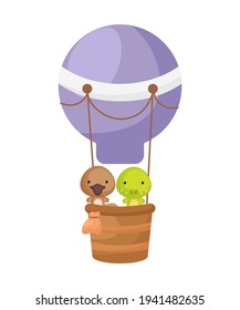 Cute little platypus, crocodile fly on purple hot air balloon. Cartoon character for childrens book, album, baby shower, greeting card, party invitation, house interior. Vector stock illustration.