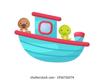 Cute little platypus and crocodile sailing on turqoise ship. Cartoon character for childrens book, album, baby shower, greeting card, party invitation, house interior. Vector stock illustration.