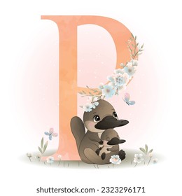 Cute little platypus with floral watercolor illustration