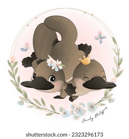 Cute little platypus with floral watercolor illustration