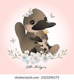 Cute little platypus with floral watercolor illustration