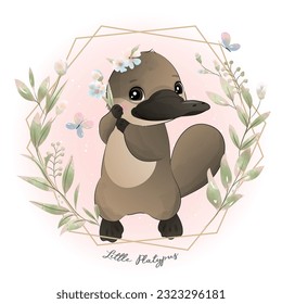 Cute little platypus with floral watercolor illustration