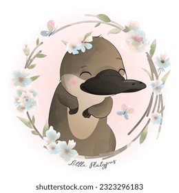 Cute little platypus with floral watercolor illustration