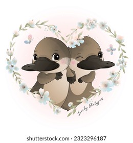 Cute little platypus with floral watercolor illustration