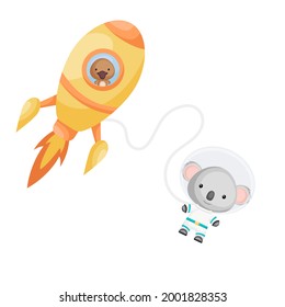 Cute little platypus flying in yellow rocket. Cartoon koala character in space costume with rocket on white background. Design for baby shower, invitation card, wall decor. Vector illustration