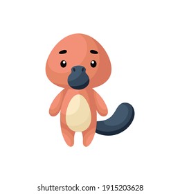 Cute little platypus on white background. Cartoon animal character for kids cards, baby shower, birthday invitation, house interior. Bright colored childish vector illustration in cartoon style.