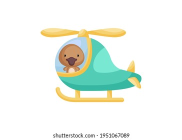 Cute little platypus pilot in emerald helicopter. Cartoon character for childrens book, album, baby shower, greeting card, party invitation, house interior. Vector stock illustration.