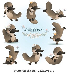 Cute little platypus poses with floral watercolor illustration