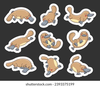 Cute little platypus. Sticker Bookmark. Cartoon funny animal characters. Hand drawn style. Vector drawing. Collection of design elements.