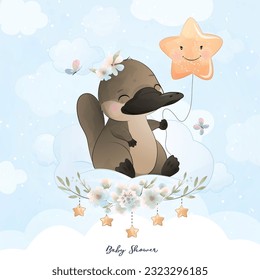 Cute little platypus with watercolor illustration