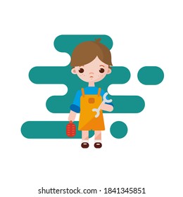 Cute little plumber boy. Plumber boy isolated. Vector illustration. Plumber boy with tools in hands.