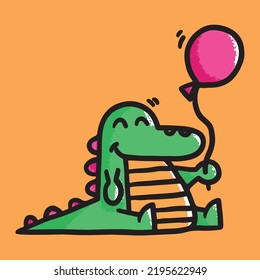 A cute little plump funny green crocodile with a pink ball in its paw. Handdrawn mascot for a holiday store. Vector illustration for children. Cheerful and joyful alligator with a yellow belly