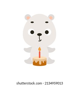 Cute little polar bear with birthday cake on white background. Cartoon animal character for kids cards, baby shower, invitation, poster, t-shirt composition, house interior. Vector stock illustration.