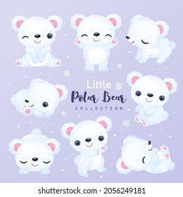 Cute Little Polar Bear Clipart Collection In Watercolor Illustration	
