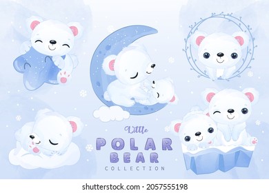 Cute Little Polar Bear Clipart Collection In Watercolor Illustration	
