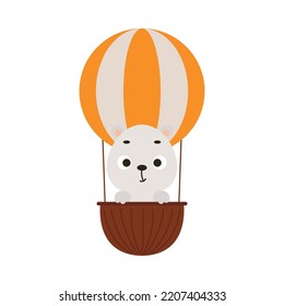 Cute little polar bear flying on hot air balloon. Cartoon animal character for kids t-shirts, nursery decoration, baby shower, greeting card, invitation, house interior. Vector stock illustration