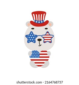 Cute little polar bear holding heart in USA patriotic hat and glasses. Cartoon animal character for kids t-shirt, decoration, baby shower, greeting card, house interior. Vector stock illustration