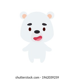 Cute little polar bear on white background. Cartoon animal character for kids cards, baby shower, birthday invitation, house interior. Bright colored childish vector illustration.