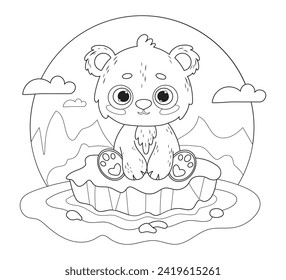 Cute little polar bear on ice floe. Vector illustration. Line drawing, coloring book. Kids collection. Holiday Polar Bear Day