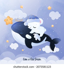 Cute little polar bear and orca flying in watercolor illustration