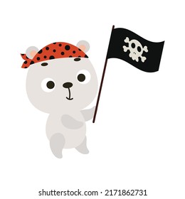 Cute little polar bear with pirate flag. Cartoon animal character for kids t-shirts, nursery decoration, baby shower, greeting card, invitation, house interior. Vector stock illustration