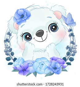 Cute little polar bear portrait with floral