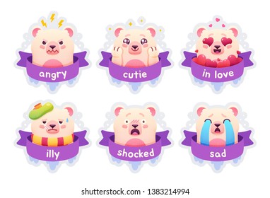 Cute little polar bear set of emoticons badges, patches, stickers. Funny animals. Vector illustration