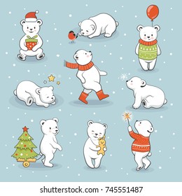 Cute little polar bear set with winter and holiday accessories. Funny animals celebrate New Year and Christmas. Vector illustration, hand drawn style.