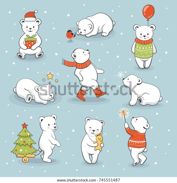 冬とホリデーのアクセサリーをセットにしたかわいい小さなホッキョクグマ 面白い動物が新年とクリスマスを祝う ベクターイラスト 手描きのスタイル のベクター画像素材 ロイヤリティフリー